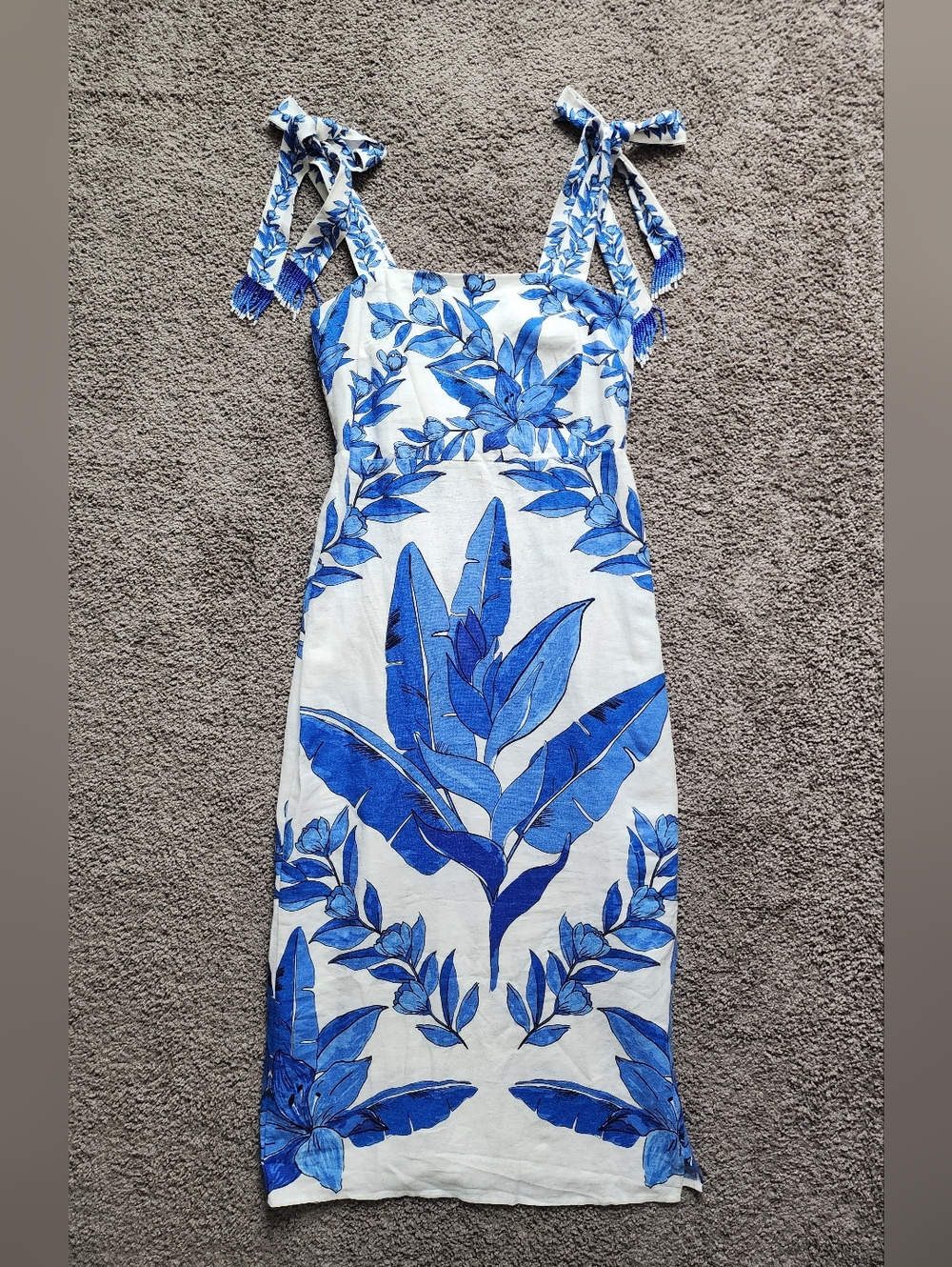 Calypso St. Barth White Dress with Blue Tropical Print and Tie Shoulders